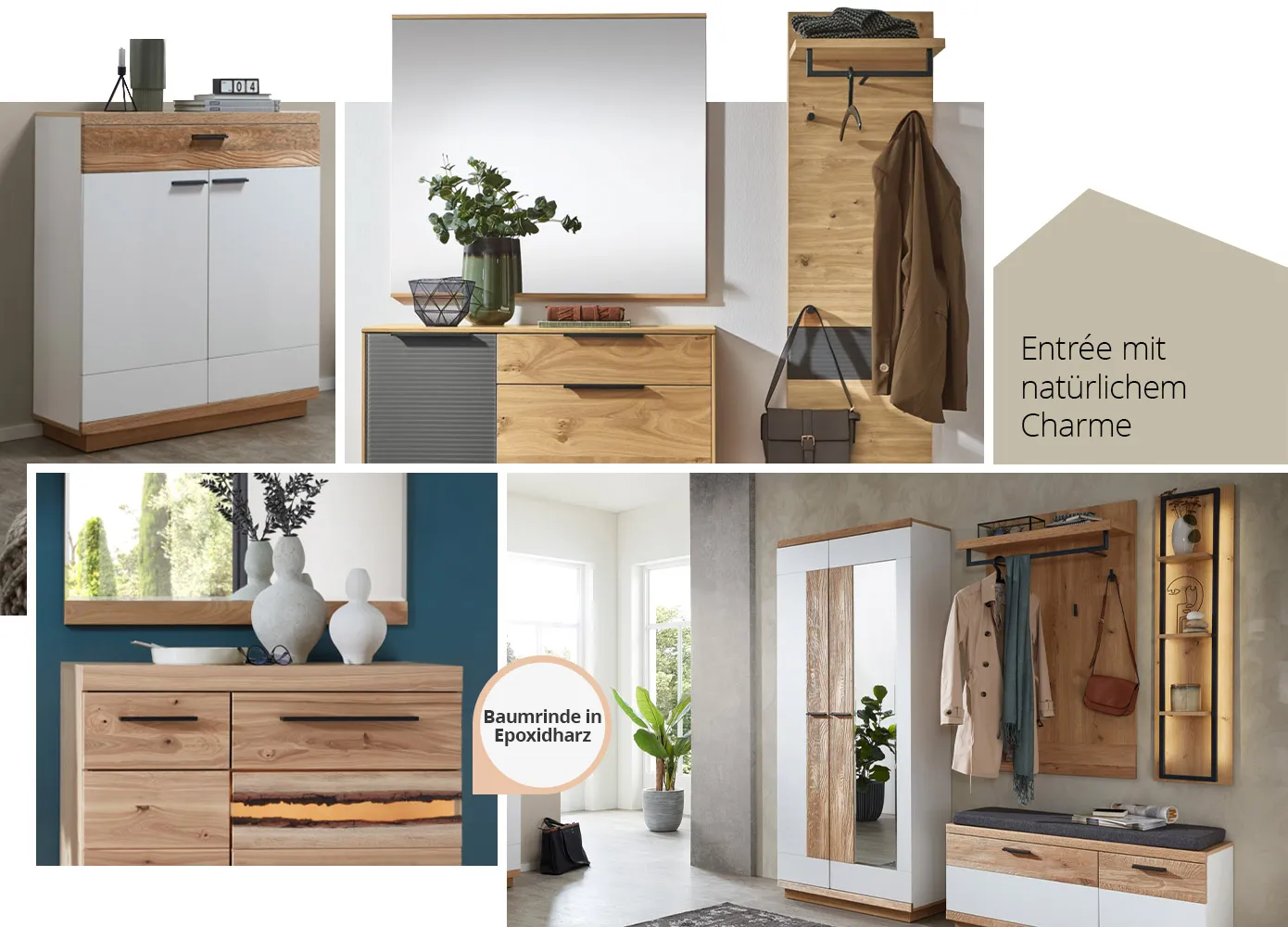 Entrée mit natürlichem Charme. Collage aus 4 Bildern. Bild 1: Weiße Kommode mit Holzakzenten und Deko. Bild 2: Flurmlbel aus Holz und grauem Glas. Bild 3: Kommode aus Holz mit beleuchtetem Akzent und Hinweis "Baumrinde in Epoxidharz", Spiegel und Deko. Bild 4: Flur mit Möbeln in Weiß und Holz