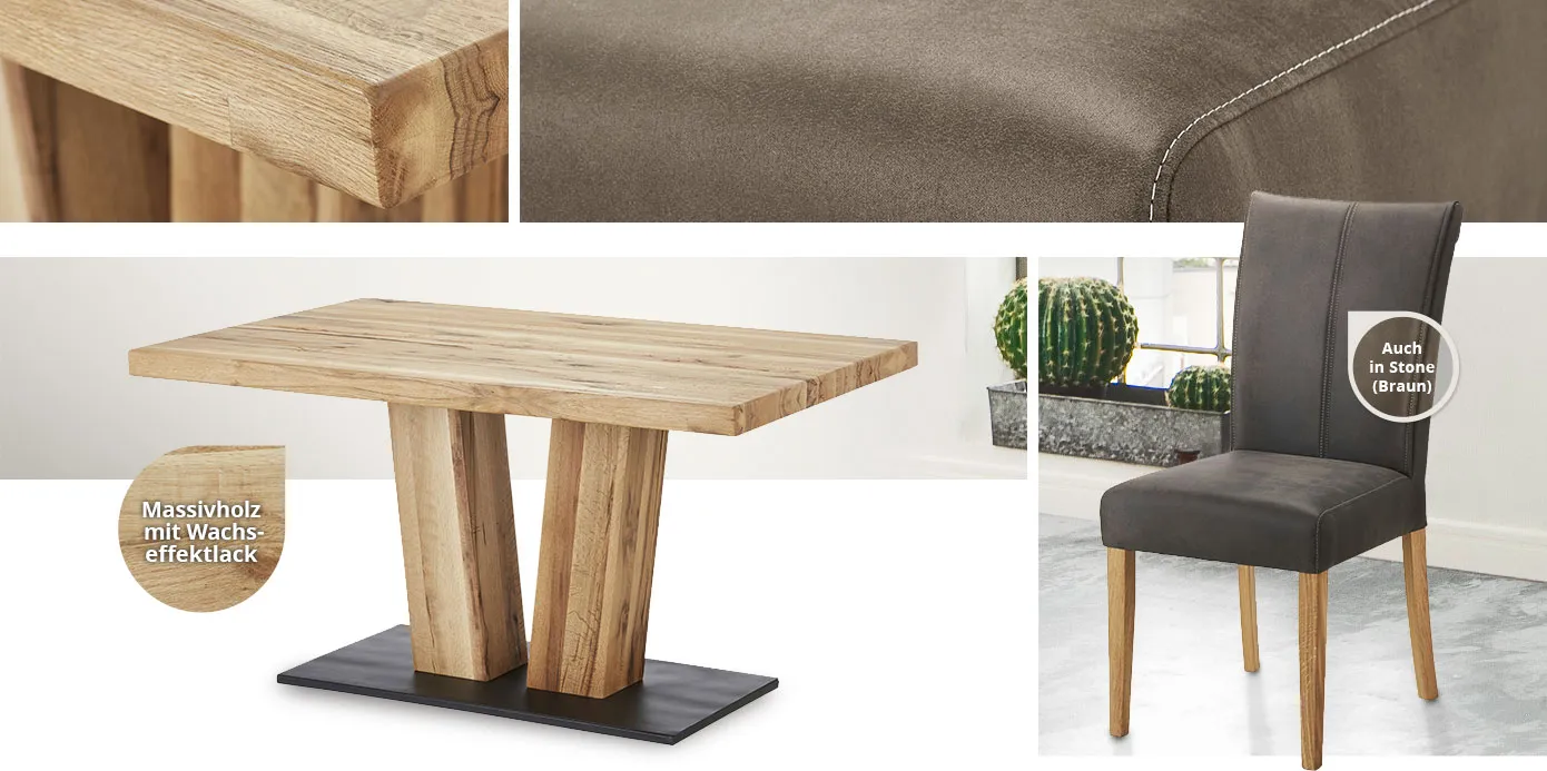 Collage aus 4 Bildern. Bild 1: Nahaufnahme Holz Tischplatte. Bild 2: Nahaufnahme Stoff und Naht von Polsterstuhl. Bild 3: Esstisch mit Hinweis "Massivholz mit Wachseffektlack". Bild 4: Polsterstuhl in Dunkelgraz mit Hinweis "Auch in Stone (Braun)"