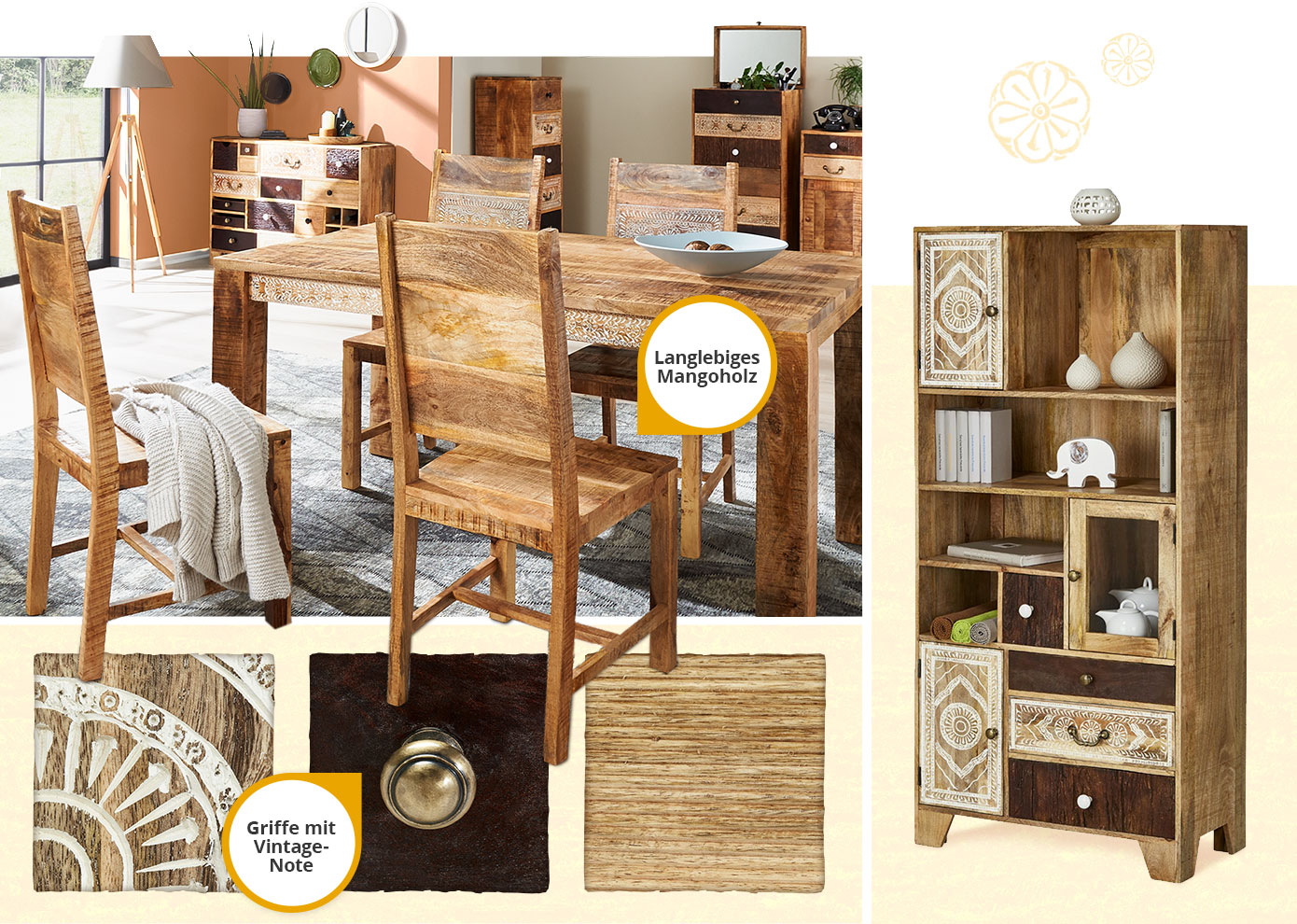 Collage aus 3 Bildern. Bild 1: Esszimmeransicht mit Holzmöbeln und Hinweistext "Langlebiges Mangoholz". Bild 2: 3 Nahaufnahmen von Front-Varianten - helles Holz mit weißem Muster, dunkles Holz mit Messing-Knopfgriff und Hinweistext "Griffe mit Vintage-Note", helles Holz ohne weitere Details. Bild 3: Standregal der Serie mit offenen Fächern sowie kleinen Schubladen und Türfächern