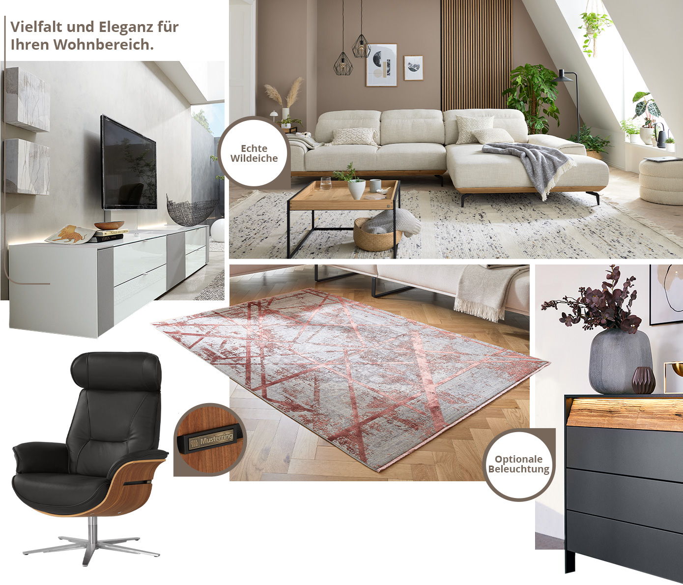 Vielfalt und Eleganz für Ihren Wohnbereich. Collage aus weiß-grauem Lowboard, cremefarbiger Eckcouch mit Holzcouchtisch in einem Wohnzimmer, schwarzen Relaxsessel aus Leder und Holz, Teppich mit grafischem Muster, schwarze Kommode mit Holzakzent und Hinweis "Optionale Beleuchtung"