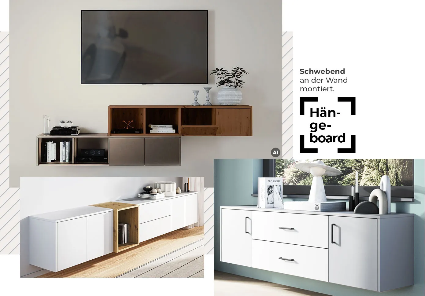 Hängeboard: Schwebend an der Wand montiert. Collage. Bild 1, AI-generiert: Dunkelgraues und braunes Hängeboard ohne Griffe mit offenen Fächern und Klappen, TV, Deko. Bild 2: Weißes Hängeboard ohne Griffe mit Holz-Element, Deko. Bild 3: Hellgraues Hängeboard mit schwarzen Griffen und Deko.