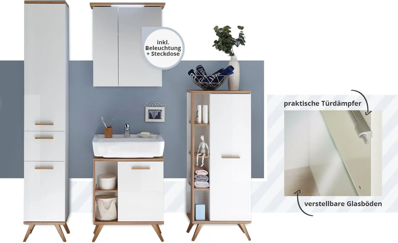 Badezimmer mit Möbeln im Skandistil in Weiß & Holzoptik, bestehend aus Hochschrank, Spiegelschrank, Waschbecken und Waschbeckenunterschrank, Midischrank, Deko, mit Hinweis: inkl. Beleuchtung + Steckdose. Detailbild eines Glaseinlegebodesn und Türdämpfer mit Hinweisen: praktische Türdämpfer, verstellbare Glasböden