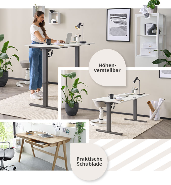 Collage aus 3 Bildern mit Arbeitszimmer-Ansichten. Bild 1: Frau steht an einem Steh-Schreibtisch und arbeitet am Laptop. Bild 2: Der Schreibtisch ist nun auf klassische Tischhöhe eingestellte, daneben ein Sitzhocker. Am Tisch ein Hinweistext "Höhenverstellbar". Bild 3: Schreibtisch in Holzoptik mit Hinweistext "Praktische Schublade"