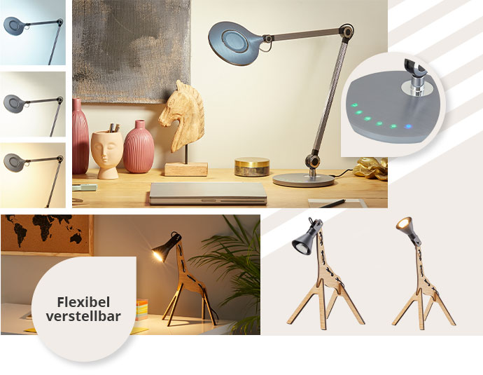 Collage aus 4 Teilen. Bild 1: 3er Ansicht einer Schreibtischlampe in verschiedenen Lichtfarben. Bild 2: Schreibtischlampe auf Schreibtisch, daran eine Detailaufnahme des Lampenfußes mit kleinen Lichtern, die die Helligkeitsstufe anzeigen. Bild 3: Schreibtischlampe im Giraffenlook mit Hinweistext am Lampenschirm "Flexibel verstellbar". Bild 4: 2 Ansichten der Giraffen-Lampe mit Lampenschirm in verschiedenen Positionen