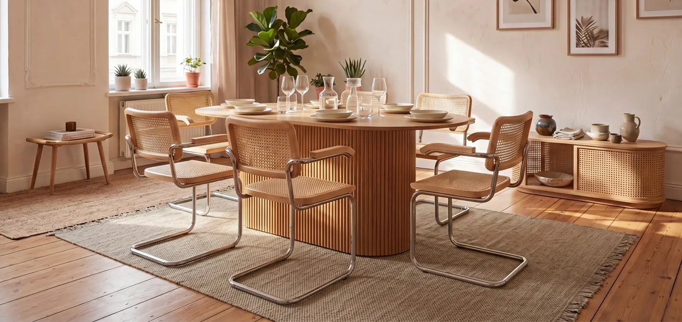 Ovaler Esstisch in Lamellenoptik, Schwingstühle in hellem Rattanmuster und Chrom-Gestell, graugrüner Teppich, tiefe ovale Kommode aus Rattan, Vasen und Krüge in Beige und Brauntönen