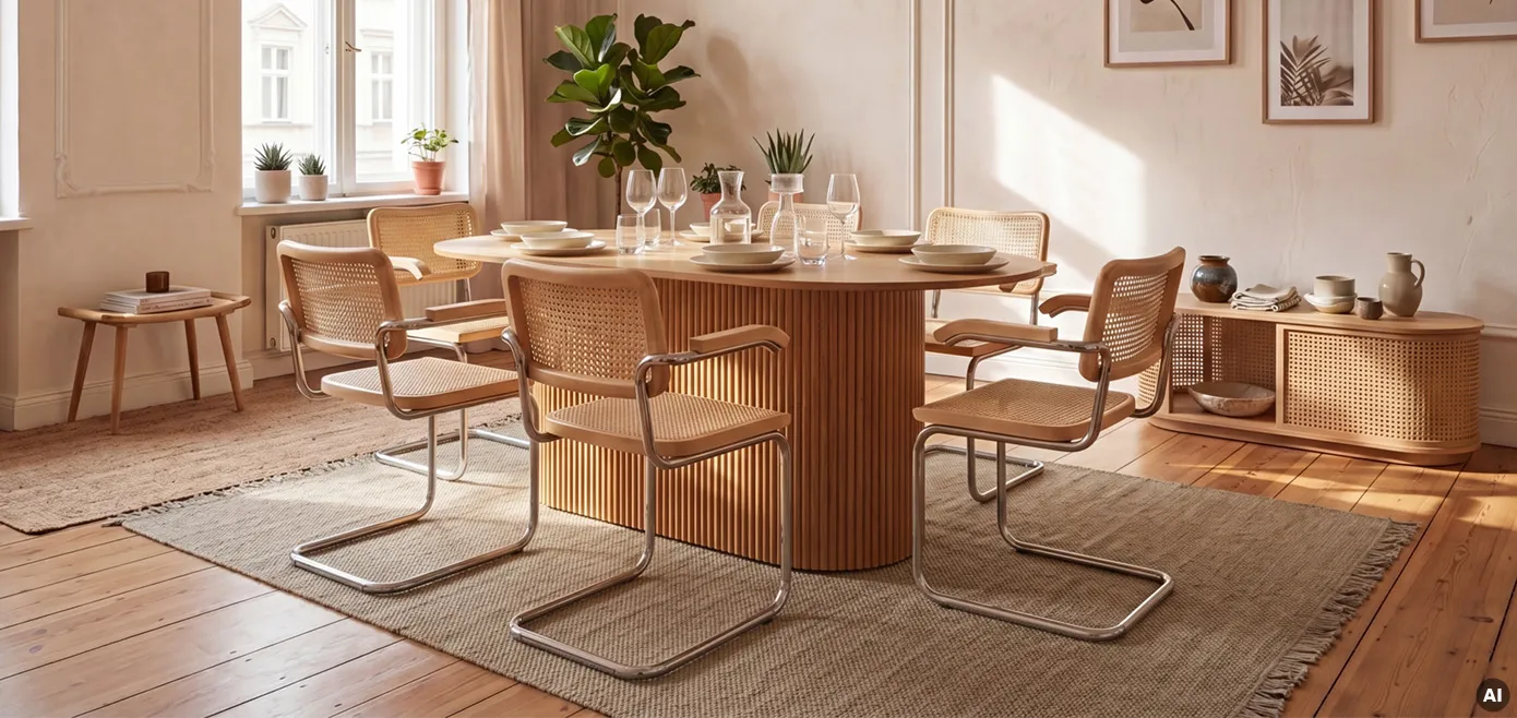 Ovaler Esstisch in Lamellenoptik, Schwingstühle in hellem Rattanmuster und Chrom-Gestell, graugrüner Teppich, tiefe ovale Kommode aus Rattan, Vasen und Krüge in Beige und Brauntönen