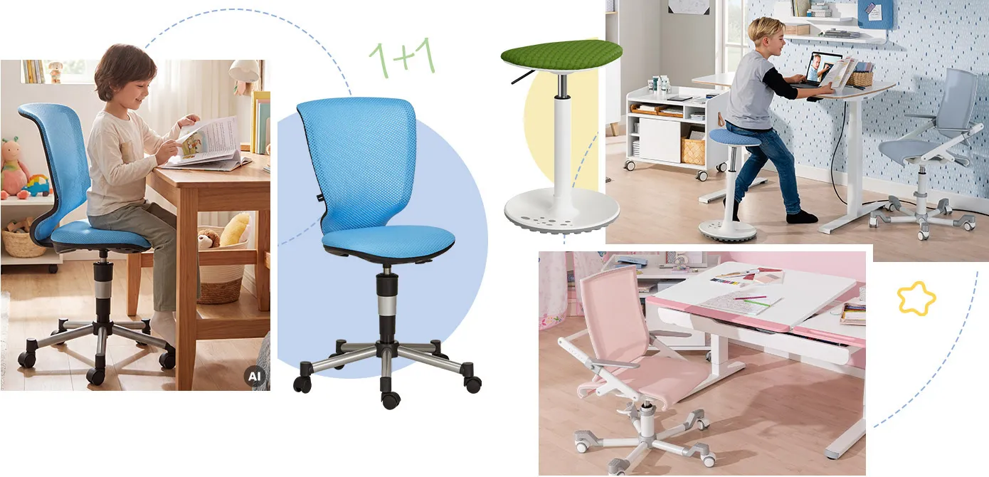 Collage mit verschiedenen Produkten. AI-generiert: Kinder-Bürostuhl in Blau, Sitz- und Stehhocker grün, Kinderzimmeransicht mit Jungen am höhenverstellbaren Schreibtisch, Kinderzimmeransicht mit Kinderdrehstuhl in Rosa und Schreibtisch in Weiß & Rosa