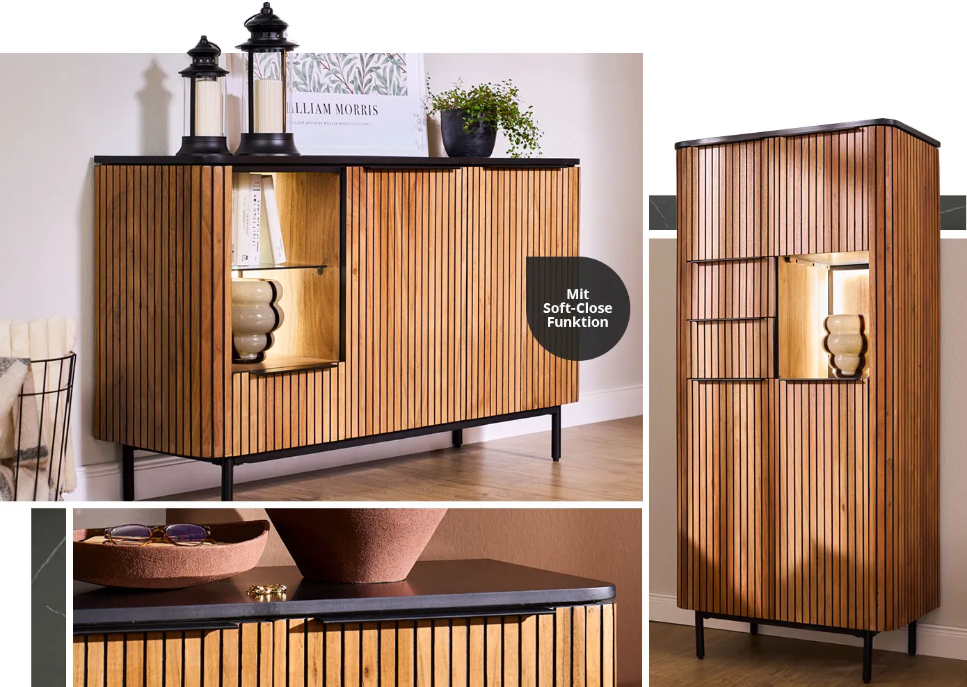 Collage aus beleuchteten Möbeln aus Akazie mit schwarzen Akzenten. Bild 1: Sideboard mit schwarzen Laternen, Blumentopf und William Morris Wandbild, beige-schwarzer Vase und Büchern. Hinweis: Mit Soft-Close-Funktion. Bild 2: Highboard mit beige-schwarzer Vase. Bild 3: Detail der schwarzen Abdeckplatte und Akazien-Lamellenfront, braune Deko, Schmuck und Brille.