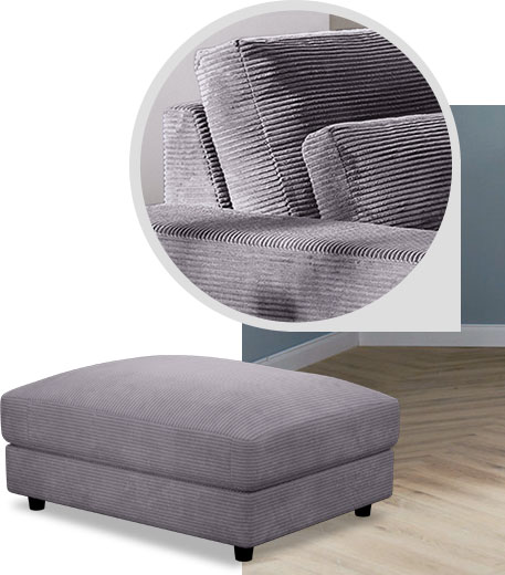 Detailansicht Cordstoff, Polsterhocker mit dunkelgrauem Cordbezug