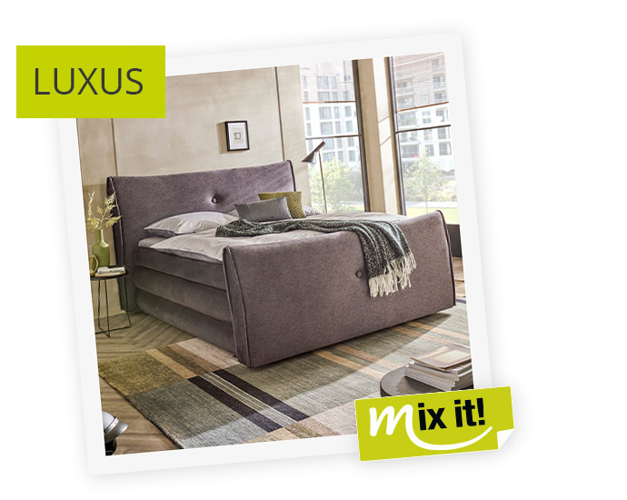 smart Boxspringbett Luxus- aus dem mix it! Programm, dunkelgrauer Bezug, Kopfteil und Fußteil mit Kedernaht seitlich und Knopfsteppung mittig