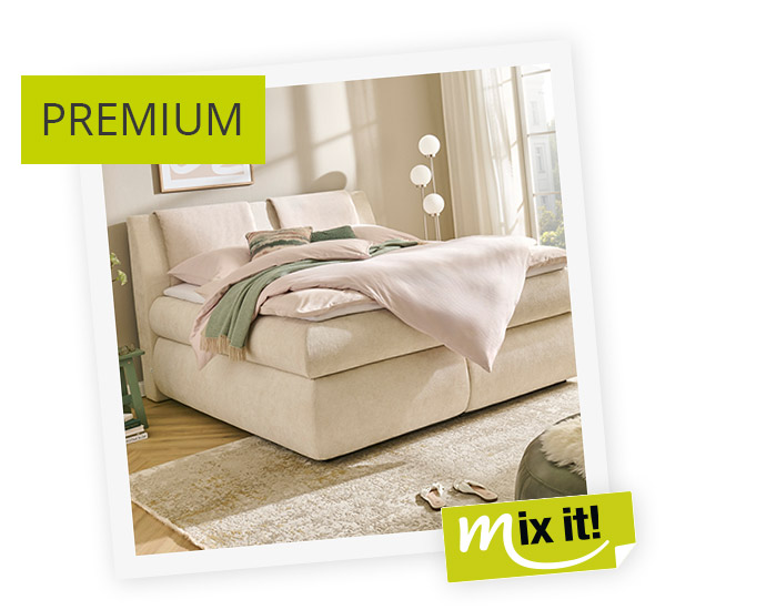 smart Boxspingbett Premium- aus dem mix it! Programm, cremefarbener Bezug, Kopfteil mit 2 zusätzlichen Kissen-Auflegern