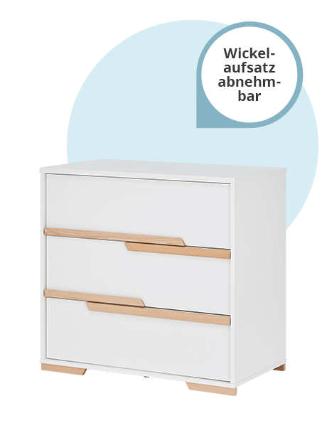 Eine weiße Kommode mit Holzakzenten mit Wickelaufsatz, der mal zu sehen ist und mal nicht. Hinweis: "Wickelaufsatz abnehmbar"