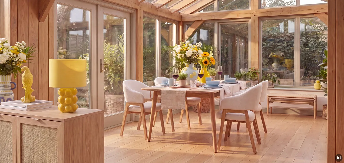 Großer Wintergarten mit Esstisch aus hellem Holz und weißen Stühlen mit Holzfüßen, hellblaues Geschirr, große Blumensträuße mit gelben und hellblauen Vasen, helle Holzkommode in Rattanoptik mit gelber Tischlampe und gelben Dekovogel