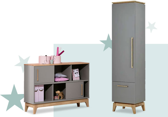 Regal und Schrank in Schiefergrau und Eiche