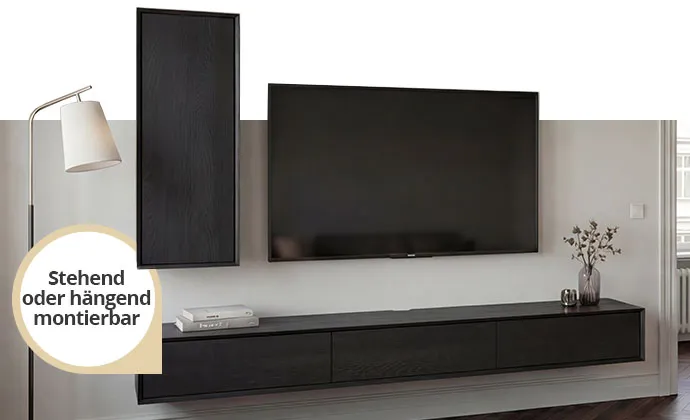 Wohnzimmermöbel in Eiche Schwarz-Optik, bestehend aus Hängeschrank und Lowboard, TV und Hinweis: Stehend oder hängend montierbar