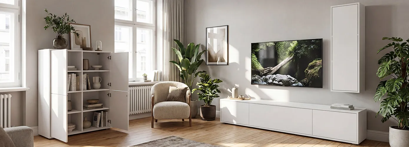 Wohnzimmer mit weißen Möbeln, bestehend aus Highboard mit offenen Türen. Lowboard und Hängeschrank, Sessel, Deko und Grünpflanzen