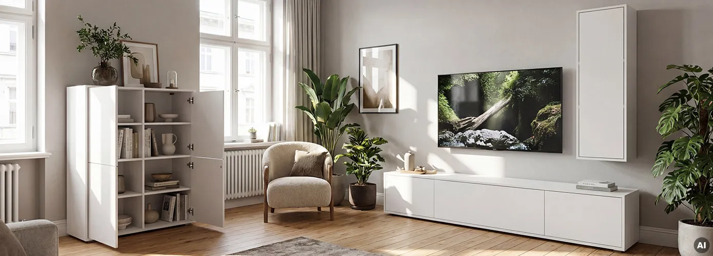 AI-generiert: Wohnzimmer mit weißen Möbeln, bestehend aus Highboard mit offenen Türen. Lowboard und Hängeschrank, Sessel, Deko und Grünpflanzen
