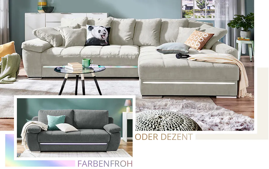 Farbenfroh oder dezent. Collage aus 2 Bildern. Bild 1: Wohnzimmer mit beiger Eck-Couch mit weißem LED-Streifen unter der Sitzfläche. Bild 2: Graue Couch mir rosa LED-Streifen unter der Sitzfläche