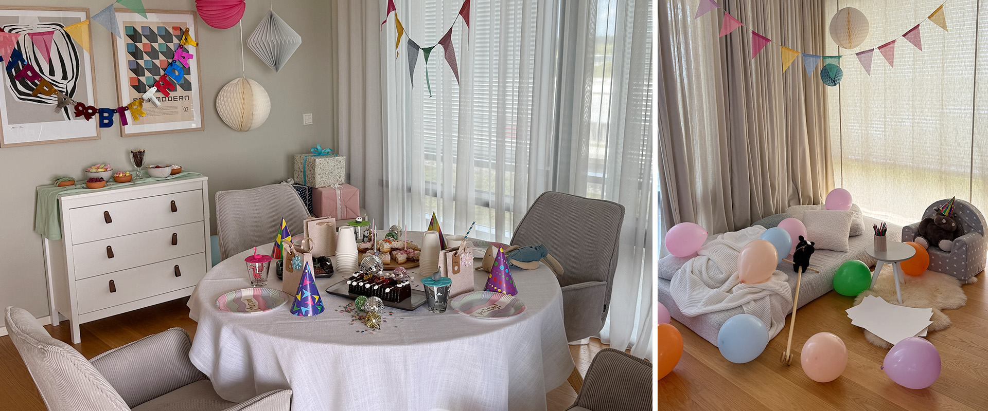 Tischdeko zum Kindergeburtstag, Lampions, Luftballons und Girlanden