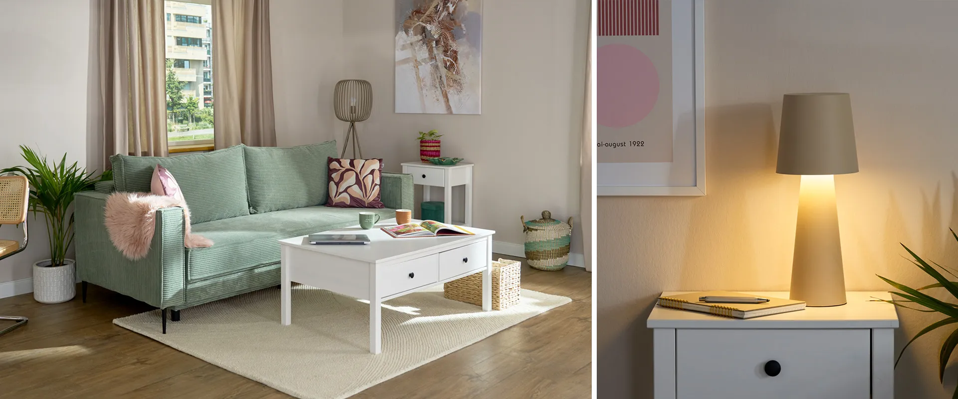 Mintgrüner Zweisitzer mit weißem Couchtisch und Schubladen, Akku Tischleuchte