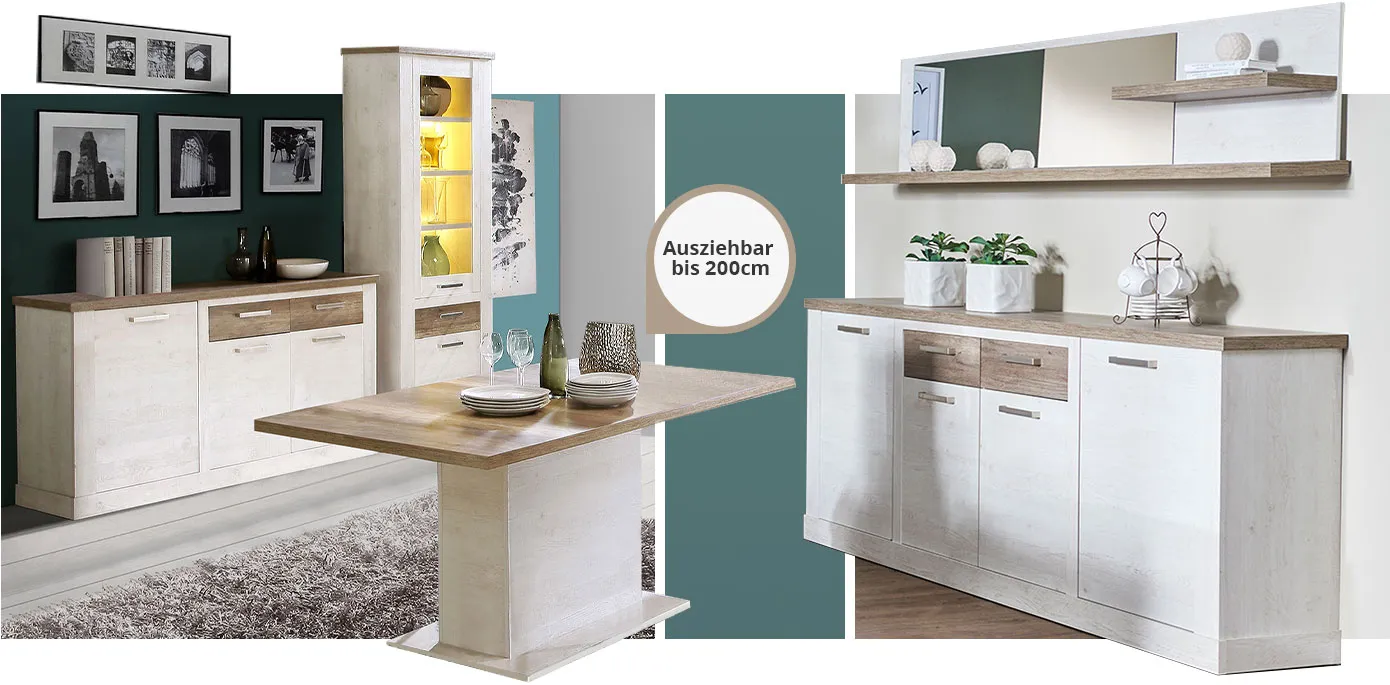 Collage aus 2 Bildern. Bild 1: Esszimmer mit Sideboard und Vitrine, Esstisch mit Hinweis "Ausziehbar bis 200 cm". Bild 2: Sideboard der Serie mit 4 Türen, passendes Wandboard mit Spiegel