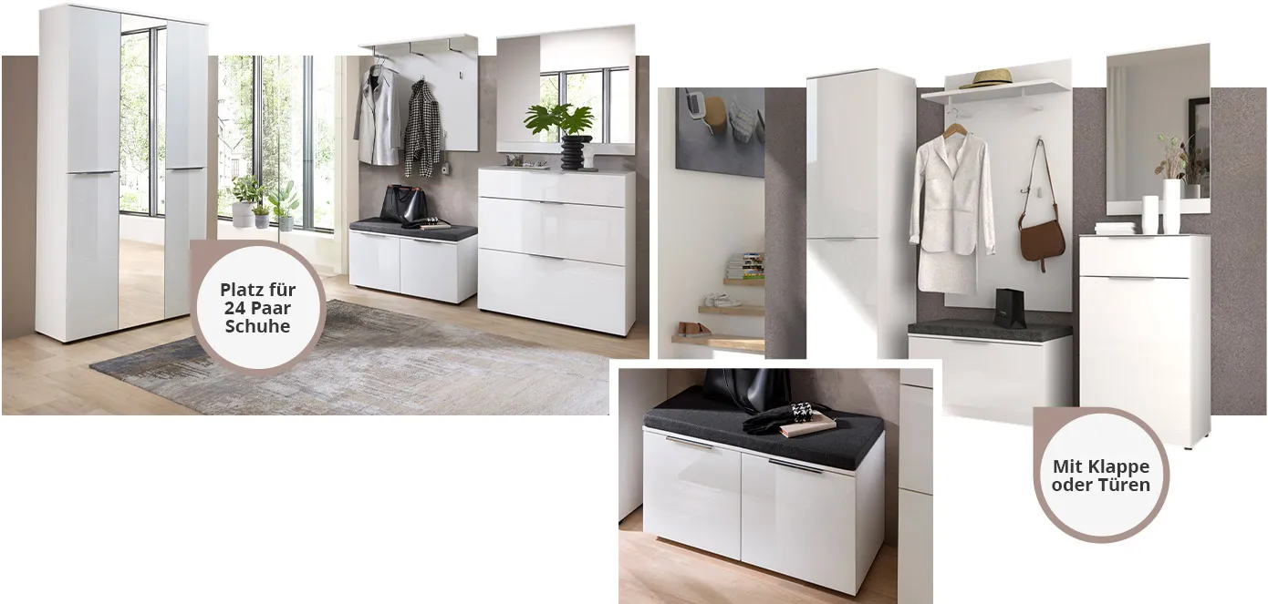 Collage aus 3 Bildern. Bild 1: Flur mit weißen Garderobenmöbeln, Dielenschrank 3-türig mit Spiegeltür und Platz für 24 Paar Schuhe. Bild 2: Flur mit weißen Garderobenmöbeln, Dielenschrank 1-türig, Wandpaneel, schmale Kommode, Spiegel, Garderobenbank mit Hinweis "Mit Klappe oder Türen". Bild 3: Garderobenbank in Weiß.
