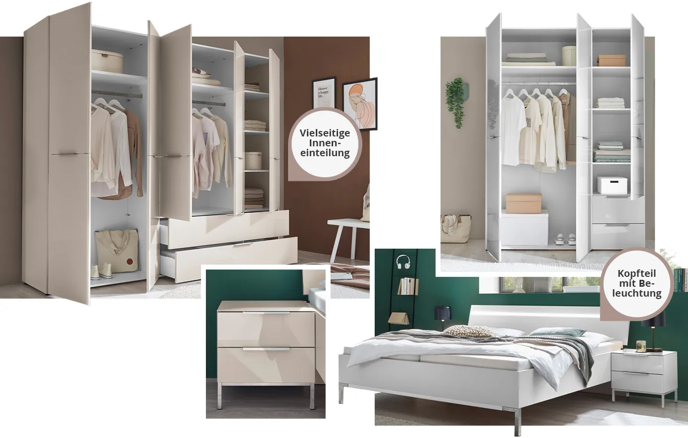 Collage aus 4 Bildern. Bild 1: Geöffneter Kleiderschrank in Farbe Kaschmir mit vielseitiger Inneneinteilung. Bild 2: Nachttisch in Farbe Kaschmir. Bild 3: Kleiderschrank in Weiß mit geöffneten Türen. Bild 4: Doppelbett in Weiß mit Kopfteil mit Beleuchtung.