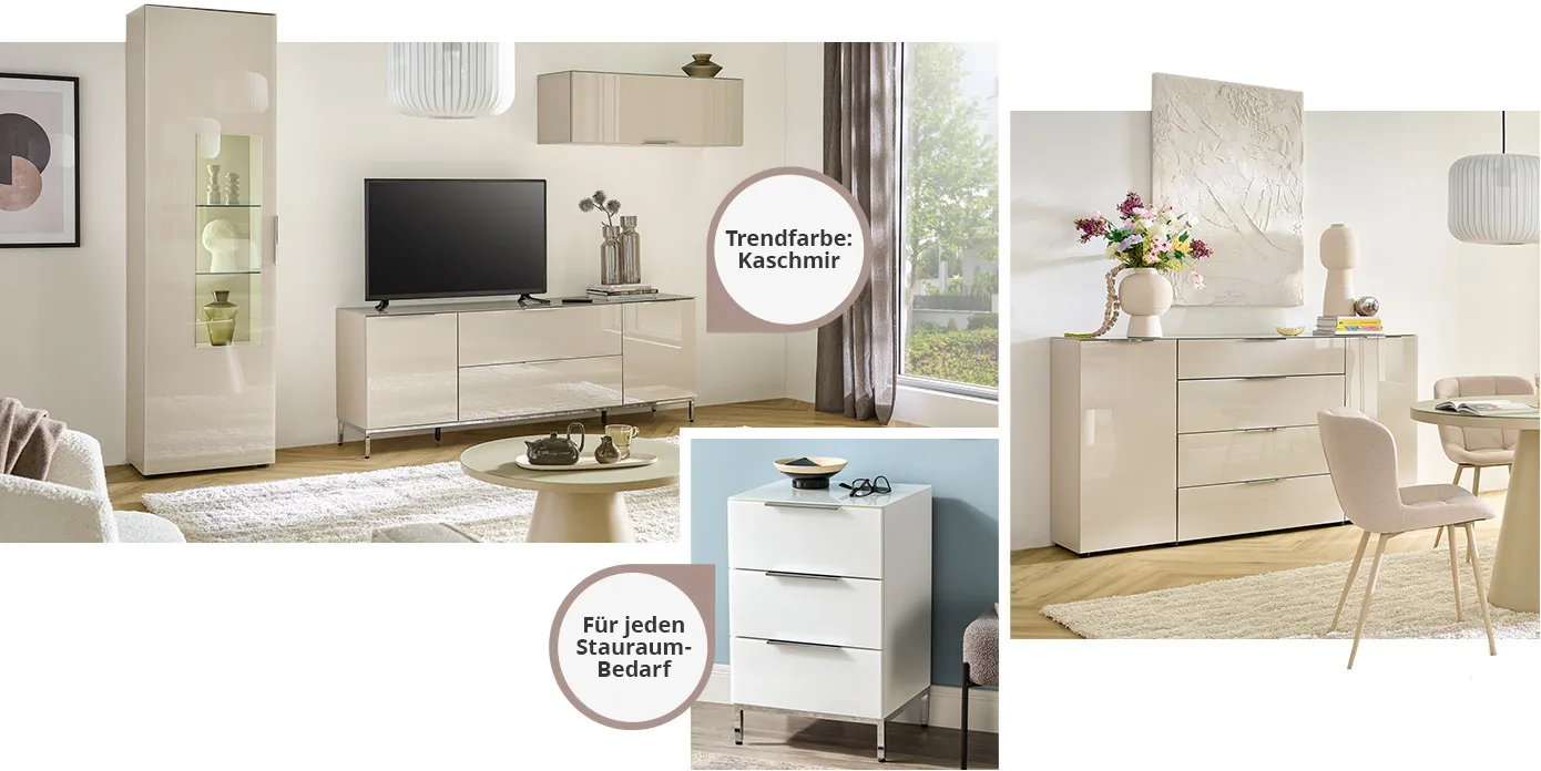 Collage aus 3 Bildern. Bild 1: Wohnzimmer mit Möbeln der Serie in Trendfarbe Kaschmir, Vitrine mit Glaseinsatz in der Tür, Sideboard für TV, Wandschrank hängend. Bild 2: Kleine Kommode in Weiß mit drei Schubladen, Hinweis "Für jeden Stauraum-Bedarf". Bild 3: Esszimmer mit Sideboard der Serie in Kaschmir mit 2 Türen und 4 Schubladen.
