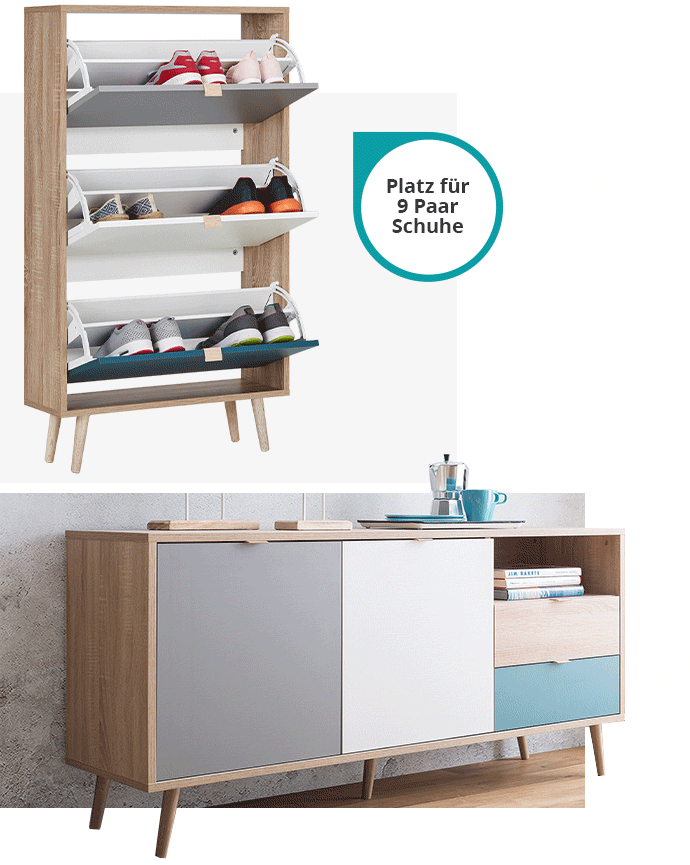 Collage aus 2 Teilen: oben Schuhschrank mit Platz für 9 Paar Schuhe, Animation wie dieser auf- und zu klappt, unten Sideboard der Möbelserie
