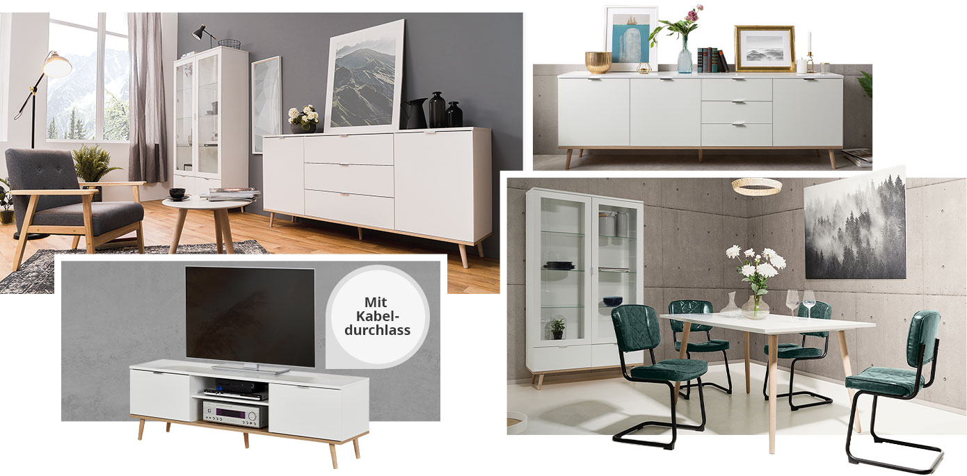 Collage aus 4 Bildern, Bild 1: Wohnzimmer mit Sideboard & Vitrine in Weiß, Bild 2: TV-weißes Lowboard mit Hinweis "Mit Kabeldurchlass" in Weiß, Bild 3: Sideboard in Weiß, Bild 4: Esszimmer mit Esstisch in Weiß mit Holzbeinen, grüne Polsterstühle, weiße Vitrine