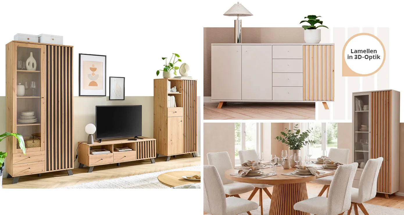 Collage. Bild 1: Wohnzimmer mit Wohnkombination in Asteichenoptik und Anthrazit, bestehend aus Vitrine, Lowboard und Highboard. Bild 2: Sideboard in Kaschmirbeige mit Holzakzenten und Hinweis: Lamellen in 3D-Optik. Bild 3: Esszimmer mit ovalem Esstisch mit Lamellen-Säulengestell und weißen Polsterstühlen, Vitrine in Kaschmirbeige mit Holz- und Glasakzenten