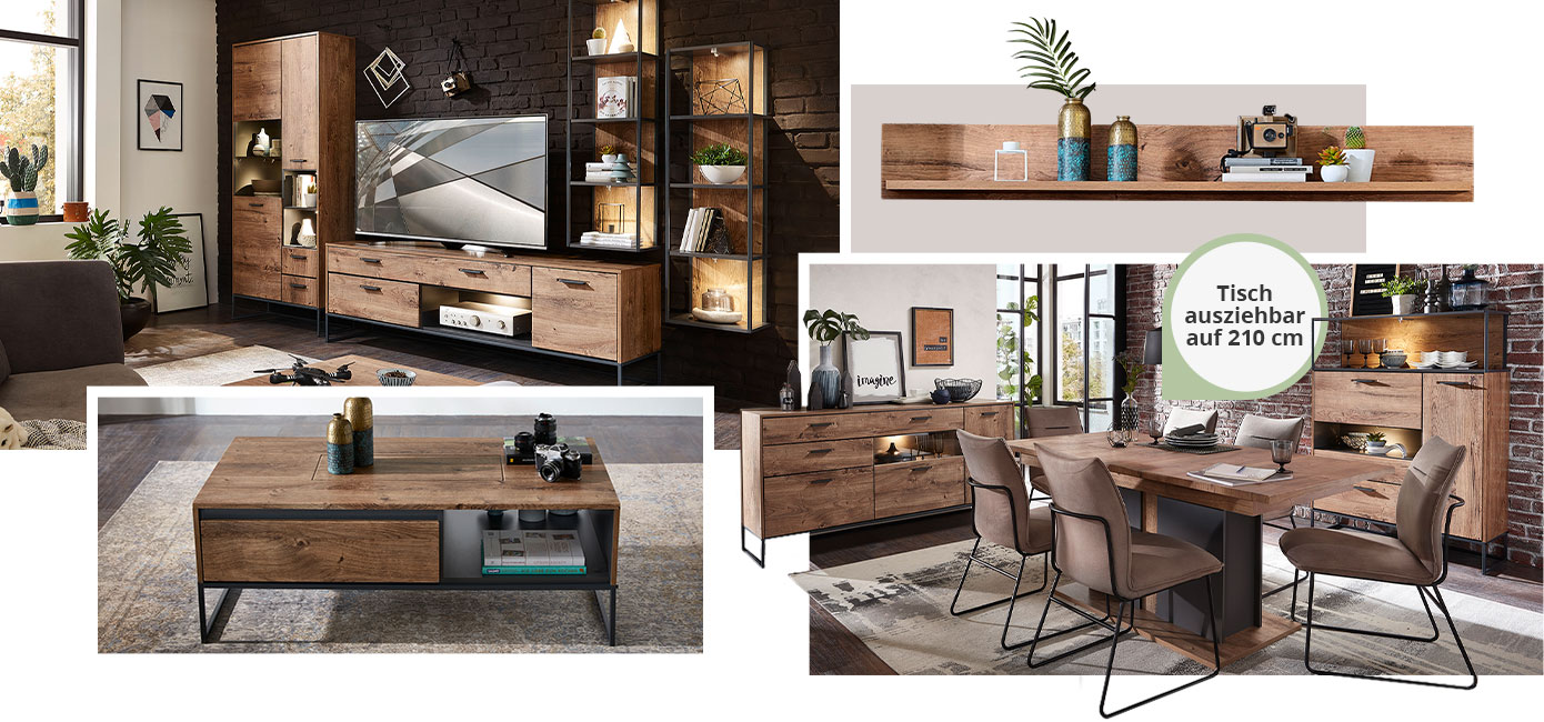 Collage aus 4 Bildern - Bild 1: Wohnzimmer mit Wohnkombination in Holzoptik mit Akzenten aus grauem Metall - Möbel mit Beleuchtung - Bild 2: Coutisch in Holzoptik mit Akzenten aus grauem Metall - Bild 3 Wandboard in Holzoptik vor beiger Wand - Bild 4: Esszimmer mit Esstisch in Holzoptik und Graphit mit Polsterstühlen in Braun - im Hintergrund Vitrine, Sideboard und Highboard in Holzoptik mit Akzenten aus grauem Metall - Möbel mit Beleuchtung