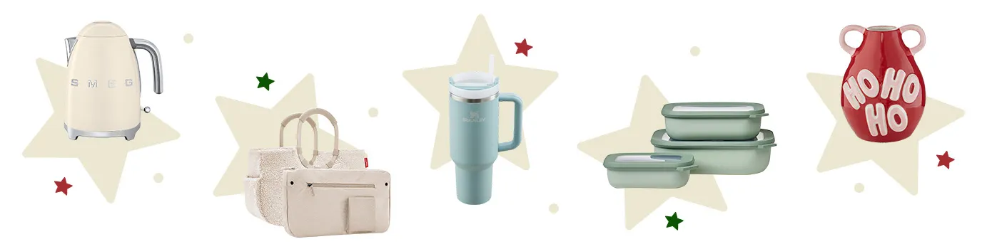 Fünf Produkte grafisch auf Sterne-Buttons: smeg Wasserkocher in beige, reisenthel Shoppingtasche in beige, Stanley Trinkbecher in Hellblau, Mepal Multischüssel-Set in Mintgrün, rote weihnachtliche Vase mit pinker Aufschrift Ho Ho Ho