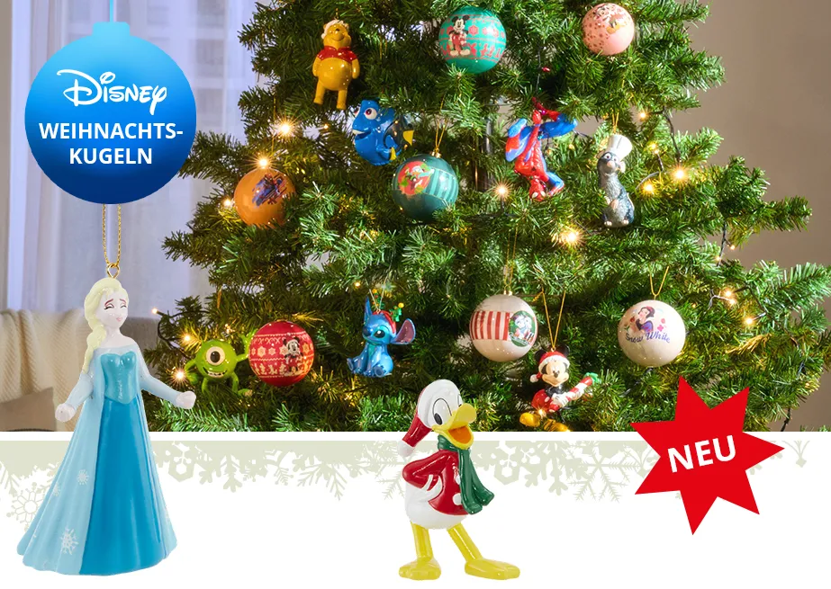 Disney Weihnachtskugeln an Baum wie Elsa, Donald Duck, Dori und viele mehr