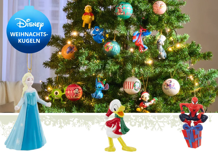 Disney Weihnachtskugeln an Baum wie Elsa, Donald Duck, Dori und viele mehr