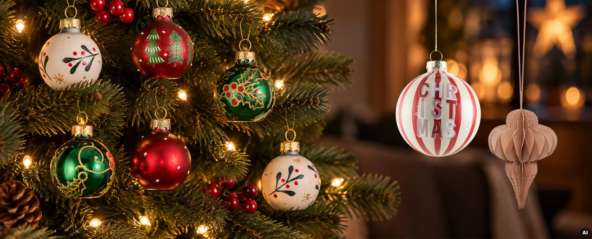 Verschiedende Weihnachtsbaumkugeln in rot, weiß und grün an Baum
