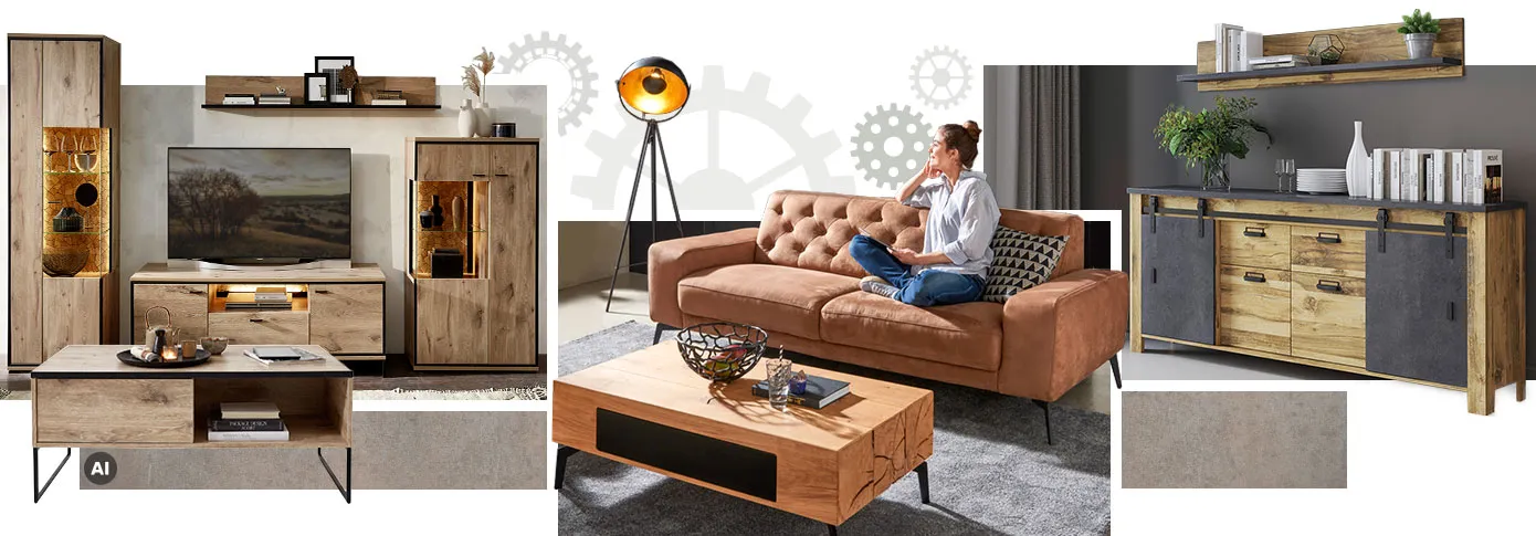 Industrial-Collage. Bild 1: Wohnwand und Couchtisch in Altholzoptik mit schwarzen Metallakzenten. Bild 2: Frau auf braunem Sofa, Holz-Couchtisch mit schwarzen Akzenten, Stehleuchte im Industrial-Stil