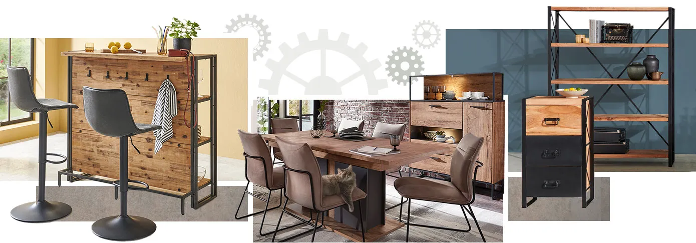 Industrial-Collage. Bild 1: Holzbar mit schwarzen Metallakzenten, 2 schwarze Barstühle, Deko. Bild 2: Esszimmer mit Holzmöbeln mit schwarzen Metallakzenten, braune Polsterstühle mit schwarzen Metallgestellen, Katze. Bild 3: Regal und Kommode aus Holz mit schwarzen Akzenten.
