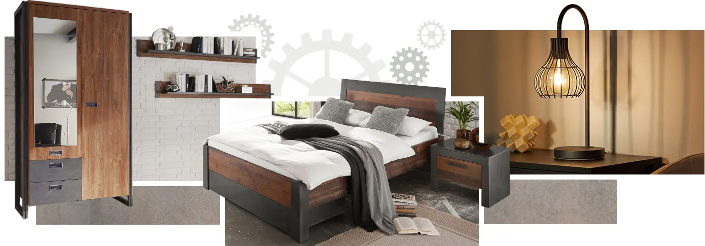 Industrial-Collage. Bild 1: Kleiderschrank und 2 Wandboards in Holzoptik und Dunkelgrau. Bild 2: Bett und Nachtkommoden Holzoptik und Dunkelgrau. Bild 3: Nachttischleuchte aus schwarzem Metall auf schwarzem Nachttisch.
