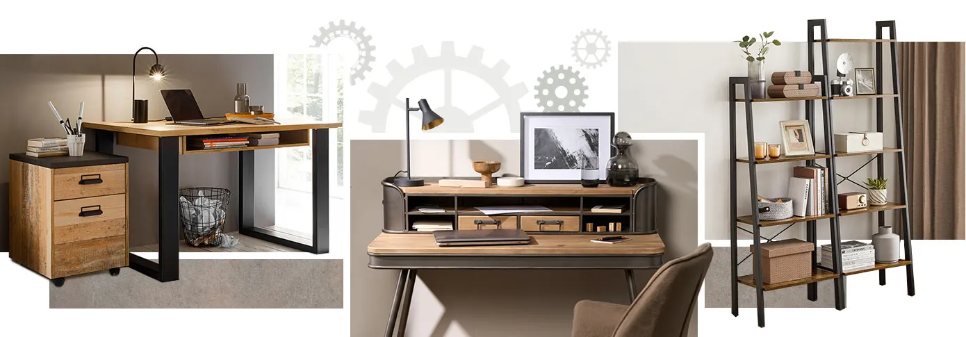 Industrial-Collage. Bild 1: Schreibtisch mit Holztischplatte und Ablage, schwarze Metallkufen, Rollcontainer aus Holz mit schwarzen Akzenten. Bild 2: Schreibtisch aus Metall und Holz mit Deko und braunem Stuhl. Bild 3: zwei Regale aus Holz mit schwarzen Metallgestellen.