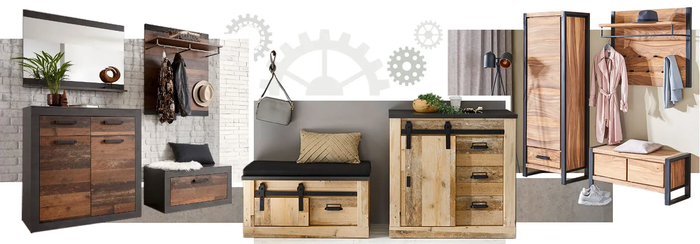 Industrial-Collage. Bild 1: Flur mit Flurmöbeln aus Aktholz mit dunkelgrauen Akzenten, bestehend aus Spiegel, Schuhschrank, Wandpaneel, Garderobenbank. Bild 2: Flurmöbel aus Holz mit dunkelgrauen Metallakzenten bestehend aus Schuhschrank und Garderobenbank. Bild 3: Flurmöbel aus Holz mit dunkelgrauen Metallakzenten bestehend aus Dielenschrank, Garderobenpaneel und Garderobenbank
