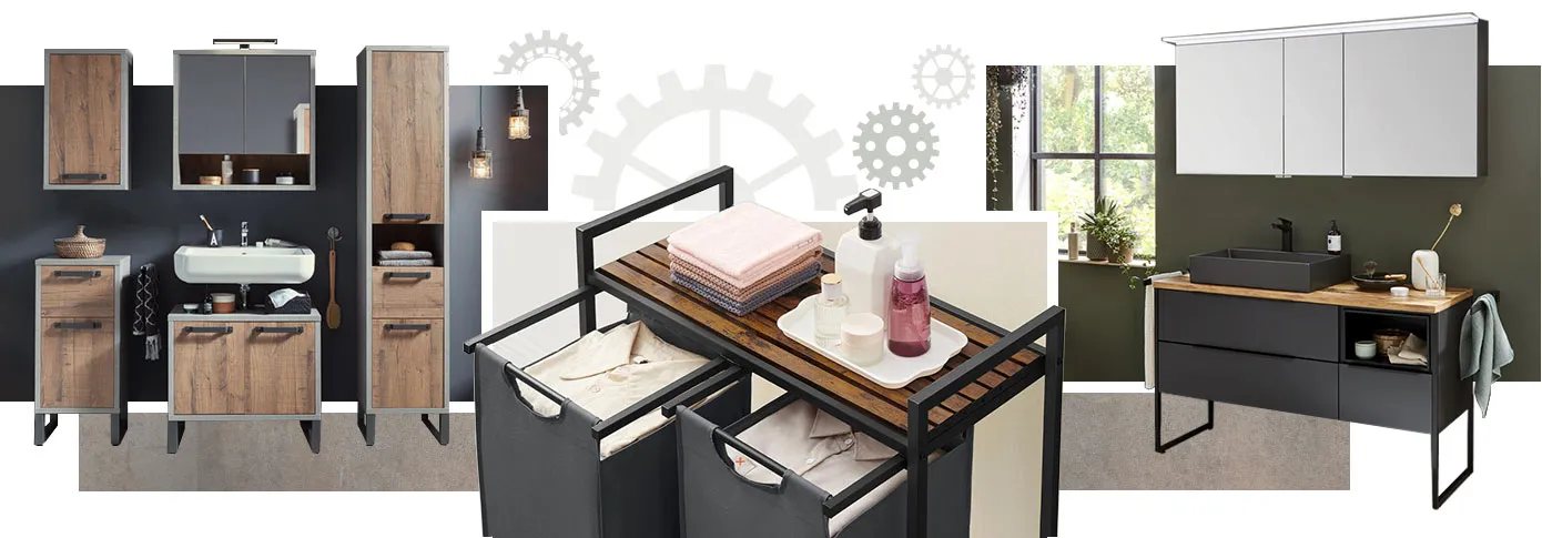 Flurmöbel aus Holz mit dunkelgrauen Metallakzenten bestehend aus Schuhschrank, und Garderobenbank. Badezimmer mit Badmöbeln in Beton- und Holzoptik, bestehend aus Hängeschrank, Unterschrank, Spiegelschrank, Waschbeckenunterschrank, Hochschrank, weißes Waschbecken. Bild 2: Wäscheaufbewahrung in Holzoptik udn Dunkelgrau mit Deko und Wäsche. Bild 3: grauer Spiegelschrank, grauer Waschtisch und grauer Waschtischunterschrank mit Holzablage.