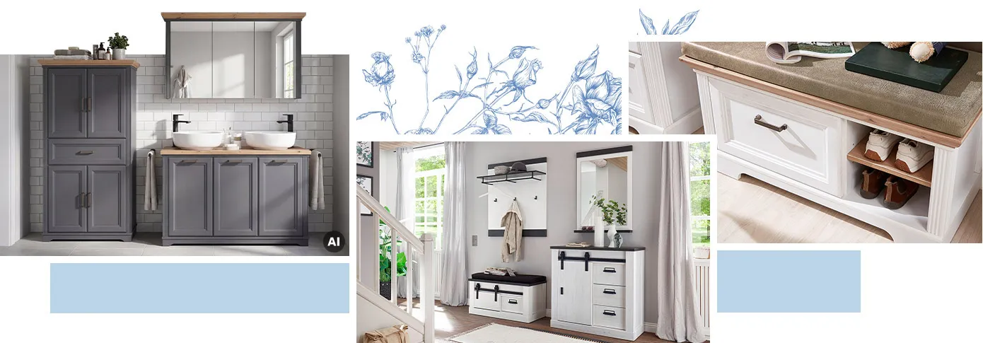 Collage aus Landhausmöbeln. Bild 1, AI-generiert: grau-holzfarbige Badmöbel im Bad. Bild 2: weiße Flurmöbel mit schwarzen Akzenten. Bild 3: weiße Garderobenbank mit beigem Kissen, Schuhe und Deko.
