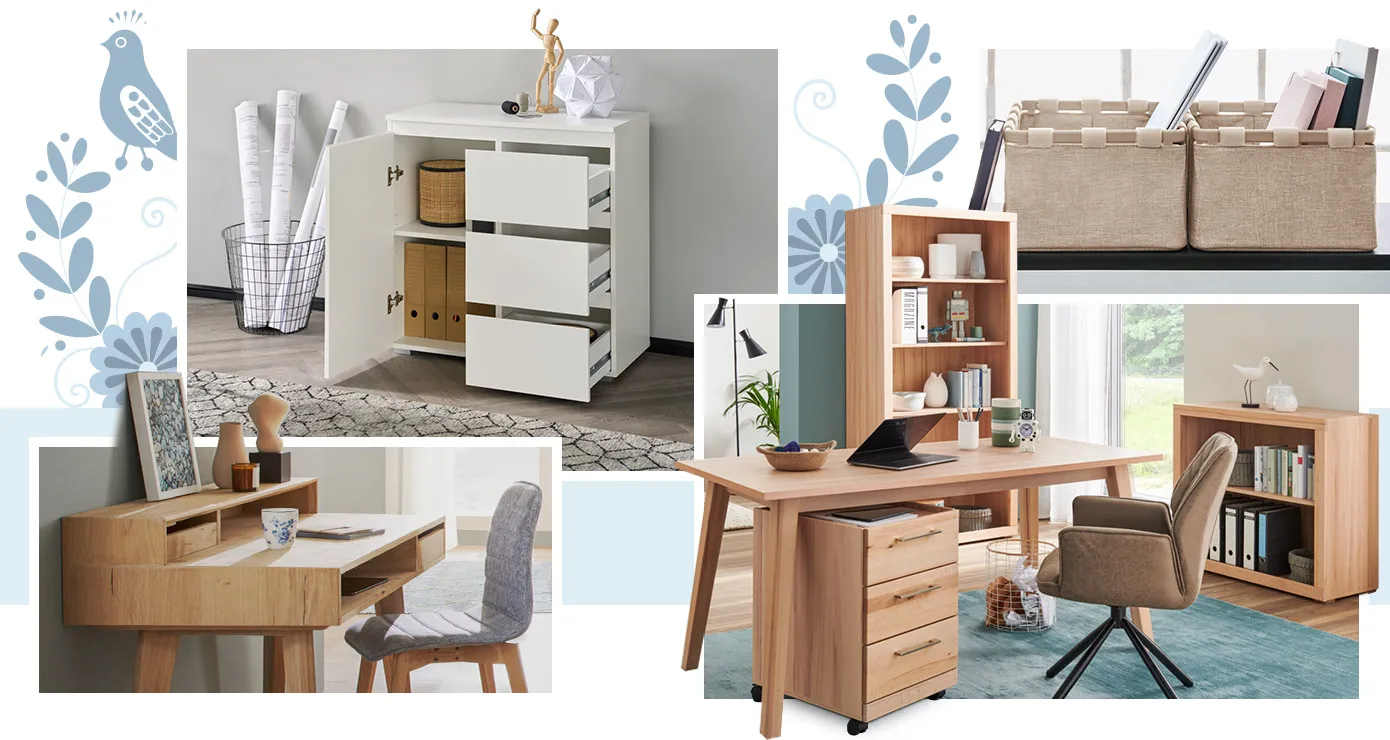 Collage. Bild 1 Weiße Kommode mit Ordnern und Deko, schwarzer Drahtkorb mit Papierrollen. Bild 2: beige Ordnungsboxen mit Büchern und Blöcken darin. Bild 3: Holz-Schreibtisch mit Arbeitsmaterial und Deko, grauer Stuhl mit Holzgestell. Bild 4: Arbeitszimmer mit Büromöbeln aus Holz, bestehend aus Schreibtisch, Container, großes und kleines Regal, brauner Stuhl mit schwarzem Gestell, Deko und Arbeitsmaterial.