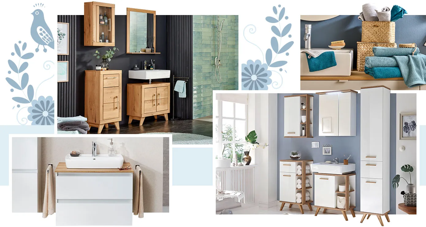 Collage. Bild 1: Badezimmer mit Holzbadmöbeln, bestehend aus Hängeschrank, Unterschrank, Spiegel mit Ablage, Waschbeckenunterschrank, Waschbecken, Dusche, Deko. Bild 2: Detail eines Waschtisches mit Waschtischunterschrank in Weiß und Holzoptik, diverse petrolfarbige und hellgraue zusammengelegte oder gerollte Handtücher, 23 Aufbewahrungskörbe aus Geflecht. Bild 3: Waschtisch mit Waschtischunterschrank in Weiß und Holzoptik, Hängeschrank in Weiß, beige Handtücher, Deko. Bild 4: Badezimmer mit Badmöbeln in Weiß und Holzoptik, bestehend aus Hängeschrank, Unterschrank, Spiegelschrank, Waschbeckenunterschrank, Badhochschrank, Deko