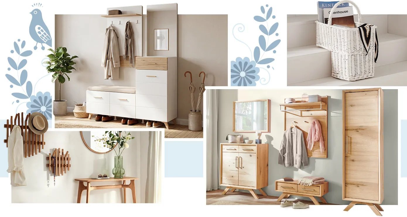 Collage. Bild 1: weiße Kompaktgarderobe mit Holzakzenten und beigem Kissen, Deko, Kleidung in einem Flur. Bild 2: weißer Treppenkorb mit Zeitschriften und Halstuch auf weißer Treppe. Bild 3: 2 Wandgarderoben in Holzleistenoptik, runder Spiegel mit Holzrahmen, Holzkonsolentisch, Deko und Kleidung in einem Flur. Bild 4: Flur mit Holzflurmöbeln im Skandilook, bestehend aus Spiegel, Schuhkommode, Garderobenpaneel, Garderobenbank, Garderobenschrank, Kleidung, Deko.