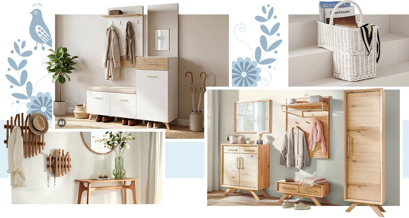 Collage. Bild 1, AI-generiert: weiße Kompaktgarderobe mit Holzakzenten und beigem Kissen, Deko, Kleidung in einem Flur. Bild 2: weißer Treppenkorb mit Zeitschriften und Halstuch auf weißer Treppe. Bild 3: 2 Wandgarderoben in Holzleistenoptik, runder Spiegel mit Holzrahmen, Holzkonsolentisch, Deko und Kleidung in einem Flur. Bild 4: Flur mit Holzflurmöbeln im Skandilook, bestehend aus Spiegel, Schuhkommode, Garderobenpaneel, Garderobenbank, Garderobenschrank, Kleidung, Deko.
