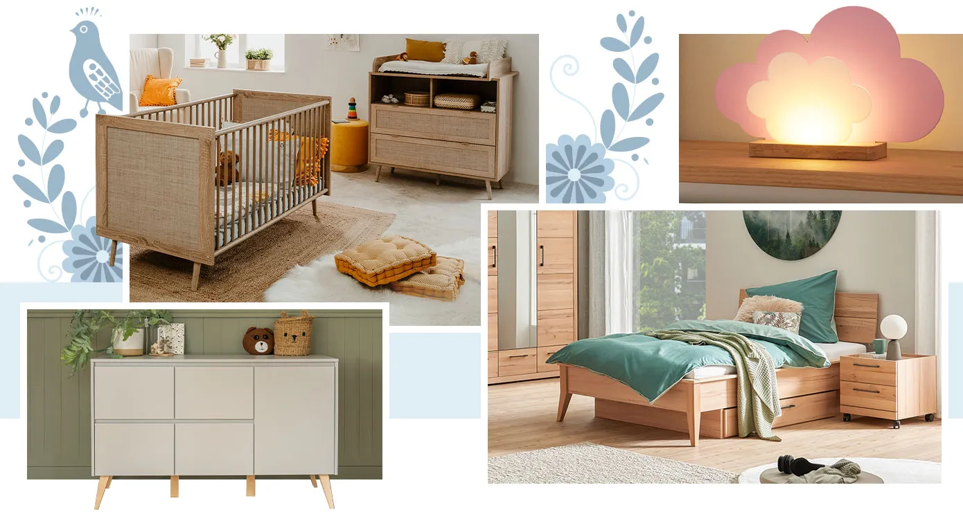 Collage. Bild 1: Babyzimmer mit Babybett und Wickelkommode in Holz- und Rattanoptik, Deko. Bild 2: Tischleuchte in Wolkenform in Weiß, Rosa und Holzoptik. Bild 3. beige Kommode mit Holzfüßen. Bild 4: Jugendzimmer mit Schrank, Bett, Bettkasten, Nachttisch aus Holz, grüne Bettwäsche, Deko.