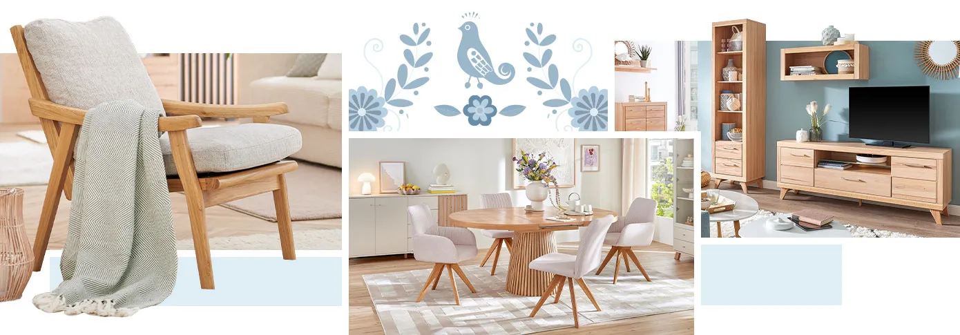 Collage. Bild 1: grauer Sessel mit Holzgestell, grau-gemusterte Decke, in einem Wohnzimmer. Bild 2: runder Esstisch, weiße Polsterstühle mit Holzgestell, weiße Kommode, weißes Regal, Deko, in einem Esszimmer. Bild 3: Wohnzimmer mit Wohnkombination aus Holz bestehend aus Kommode, Wandboard, Regal, Lowboard und Wandregal, Deko