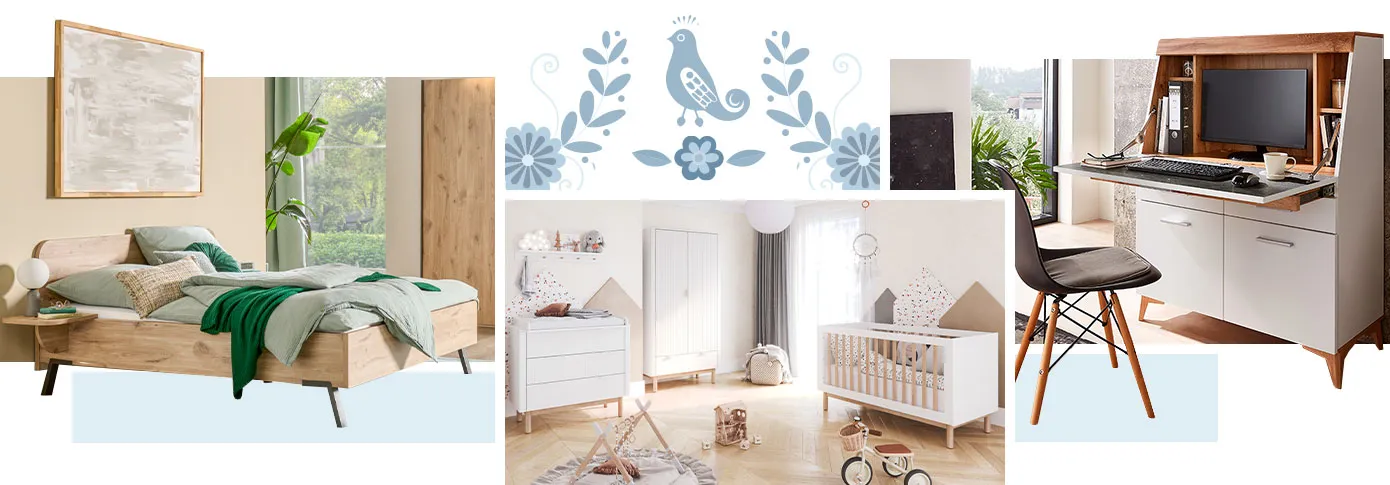 Collage. Bild 1: Holz-Bettanlage mit grüner Bettwäsche, grüner Decke und beigem Kissen, Holzschrank, in einem Schlafzimmer. Bild 2: Babyzimmer mit weißen Möbeln mit Holzakzenten, bestehend aus Wickelkommode, Wandregal, Schrank, Babybett, Spielzeug, Deko, Bild 3: Weißer Sekretär mit Holzakzenten, Computer, Schreibutensilien, Deko, schwarzer Stuhl mit Holzgestell.